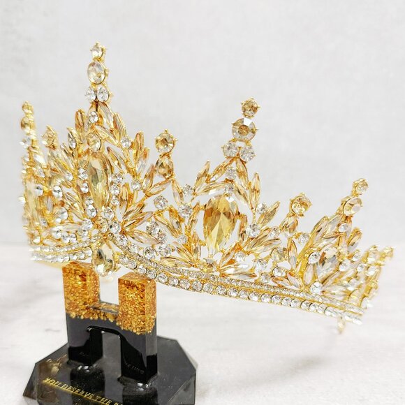 Gold tiara crown, Victorian tiara, gold crystal crown, Royal princess crown main image 4